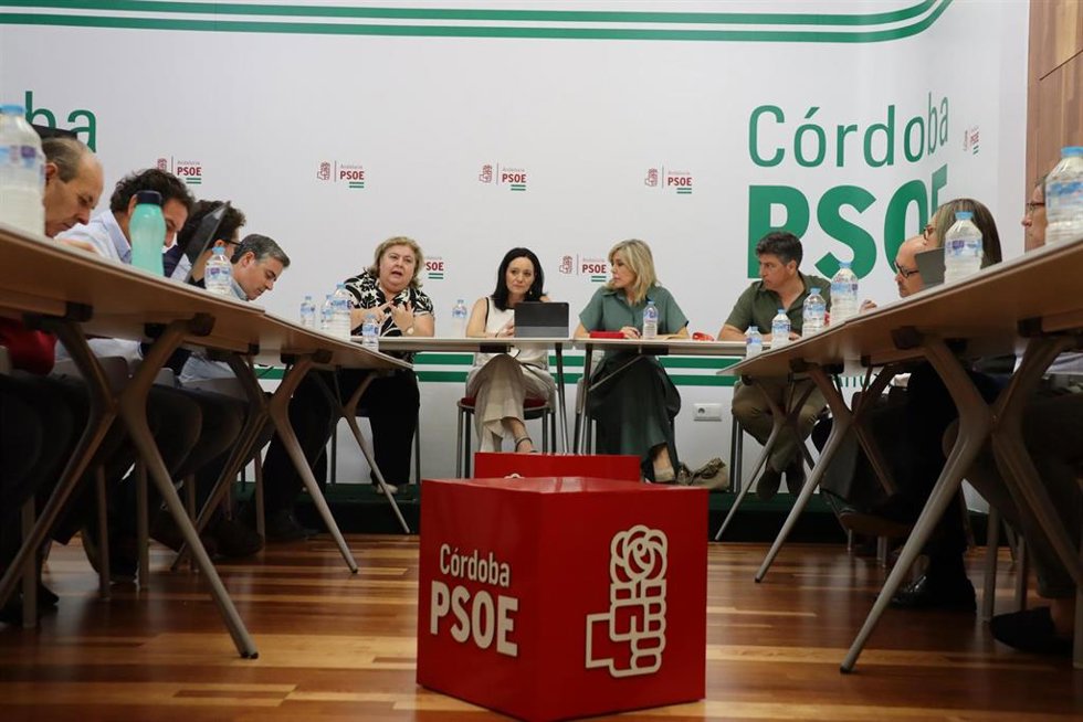 (Desde Izda., Al Fonto) Clara Aguilera, Rafi Crespín Y Ana Romero, Durante La Reunión En La Sede Provincial De Su Partido.