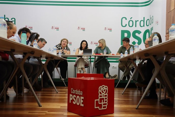 (Desde izda., al fonto) Clara Aguilera, Rafi Crespín y Ana Romero, durante la reunión en la sede provincial de su partido.