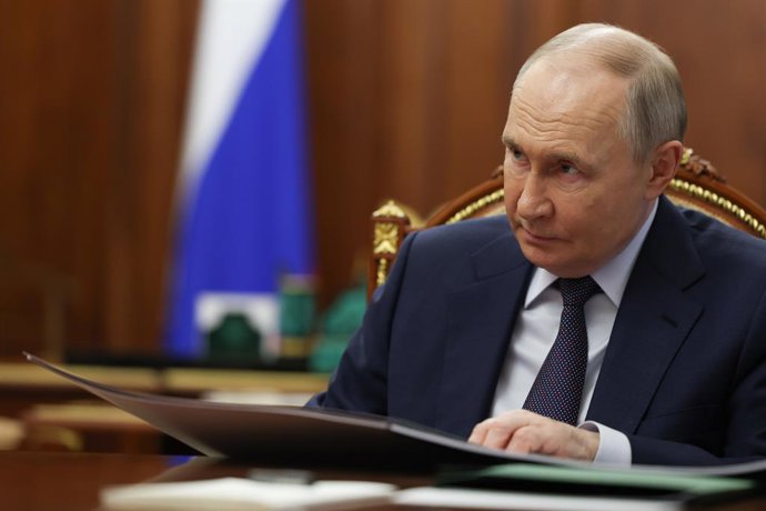 RUSSIA, MOSCOW - JULY 18, 2025: Russia's President Vladimir Putin during a meeting with Vladimir Region Governor Alexander Avdeyev at the Moscow Kremlin