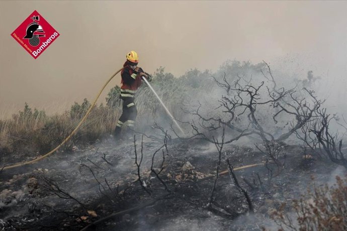 Efectivos del Consorcio Provincial de Bomberos de Alicante trabajan en la extinción del incendio forestal de Ibi.