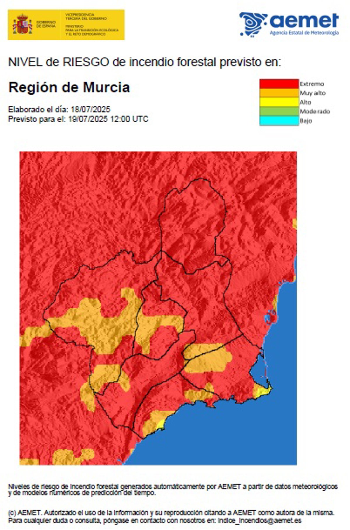 El nivel de riesgo de incendio forestal previsto este sábado es extremo en toda la Región
