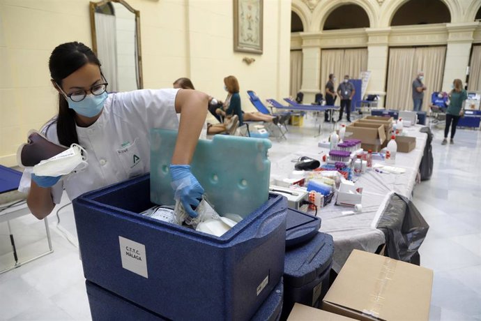 Archivo - Una enfermera deposita las bolsas de sangre en un contenedor frigorífico en el patio del Ayuntamiento de Málaga dentro de la campaña del "XIV Maratón de donación de sangre", a 27 de octubre d e2022 en Málaga (Foto de archivo). 