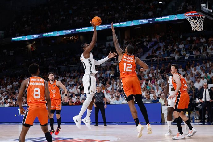 Bruno Fernando of Real Madrid and Joel Soriano of Valencia Basket in action during the Spanish League, Final first leg of Liga ACB Endesa, basketball match played between Real Madrid and Valencia Basket at Movistar Arena on June 20, 2025, in Madrid, Spain