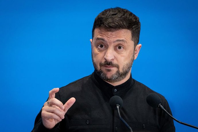 July 10, 2025, Rome, Italy: Ukrainian President Volodymyr Zelensky addresses a press conference at Ukraine Recovery Conference 2025 (URC2025) at the Roma Convention Centre 'La Nuvolaâ