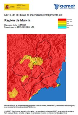 Mapa que muestra el nivel de riesgo de incendio forestal en la Región