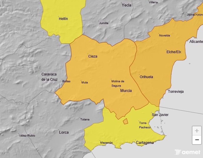 Mapa que muestra los avisos meteorológicos activos en la Región de Murcia