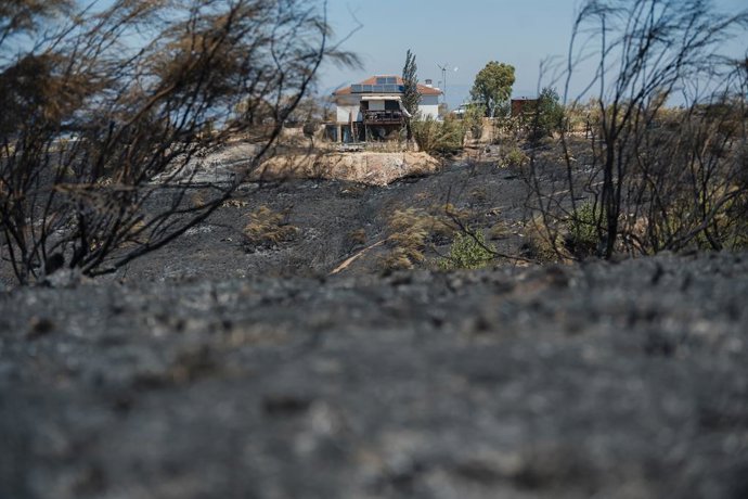 Cinzas do incêndio que começou ontem em Méntrida, no município de Casarrubios del Monte, em 18 de julho de 2025, em Casarrubios del Monte, Toledo, Castilla-La Mancha (Espanha). A Unidade Militar de Emergências (UME) continua sendo ativada para realizar tr