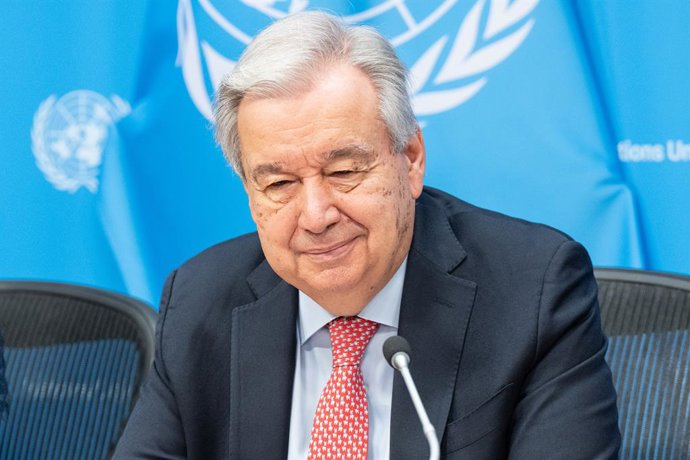 July 14, 2025, New York, New York, United States: Secretary-General Antonio Guterres attends press briefing on the launching of the Sustainable Development Goals Report 2025 at UN Headquarters.