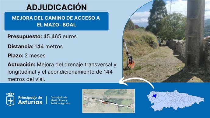 El Principado adjudica por 45.000 euros la reparación del camino a El Mazo, en Boal