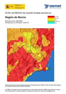 Mapa que muestra el nivel de riesgo de incendios forestales en la Región