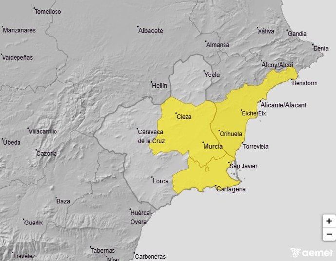 Mapa que muestra los avisos meteorológicos activos en la Región