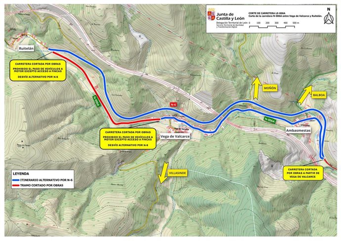 Mapa de tramo de la carretera N-006A entre Vega de Valcarce y Ruitelán (León) que estará cortado al tráfico desde mañana.