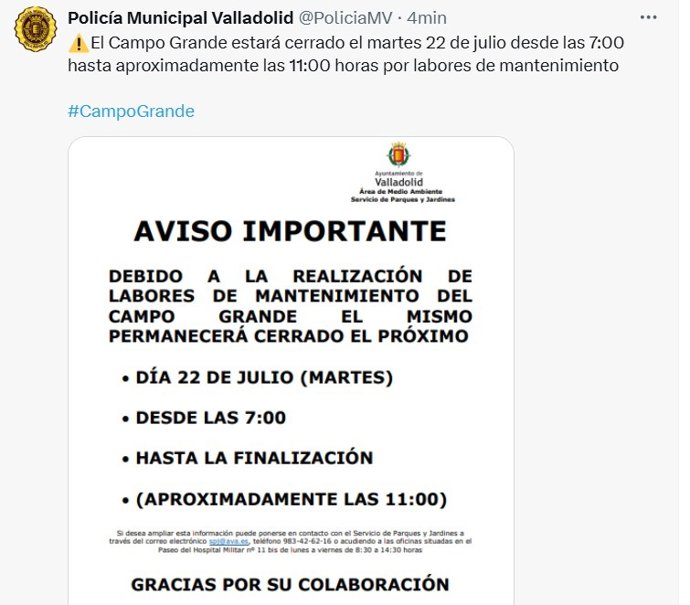 Aviso de la Policía Municipal de Valladolid sobre el cierre del Campo Grande.