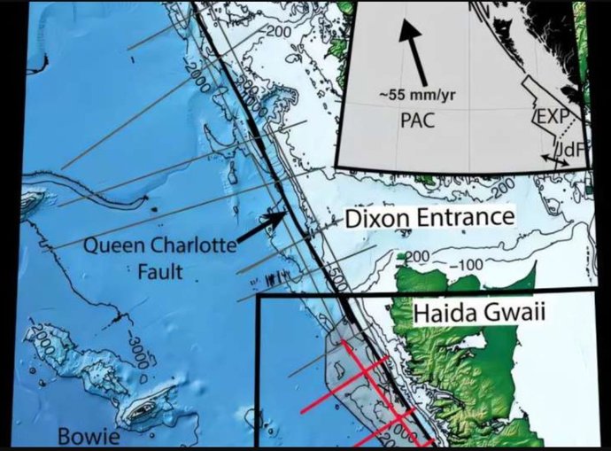 Mapa del área de estudio, que muestra la ubicación de la Falla de la Reina Charlotte (QCF) en relación con las placas tectónicas del Pacífico (PAC), América del Norte (NA), Yakutat (YAK), Explorer (EXP) y Juan De Fuca (JdF).