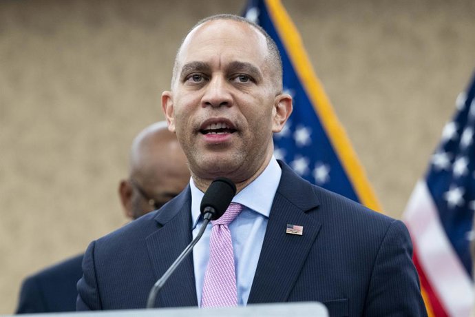 July 17, 2025, Washington, District Of Columbia, USA: House Minority Leader HAKEEM JEFFRIES (D-NY) speaking about protecting Federal worker's rights at the U.S. Capitol in Washington, D.C.