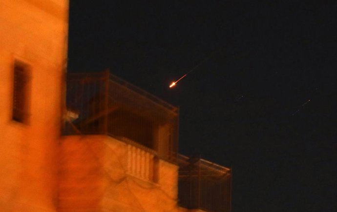 BEIJING, July 9, 2025  -- A missile trace is seen during the attack of Yemen's Houthi group against Israel, in the West Bank city of Hebron, on July 7, 2025. Yemen's Houthi group launched hypersonic ballistic missiles and drones on Israeli targets on Mond