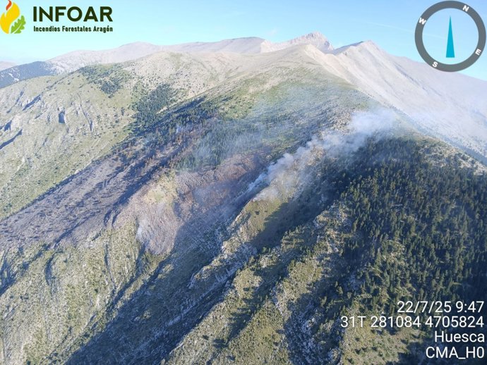 Estado del incendio en la provincia de Huesca en la mañana de este martes.