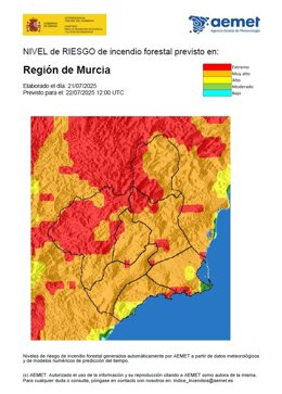 Riesgo incendio en la Región de Murcia este marte, 22 de julio de 2025