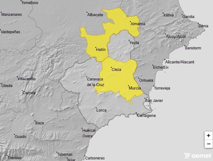 Avisos previstos este miércoles en la Región de Murcia
