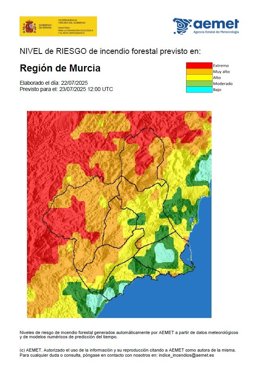 Mapa de la Aemet que muestra los distintos niveles de riesgo de incendio forestal en la Región de Murcia