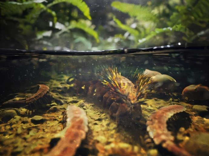 Reconstrucción ambiental artística del yacimiento de Montceau-les-Mines (uno de los dos yacimientos de Palaeocampa) con Palaeocampa anthrax