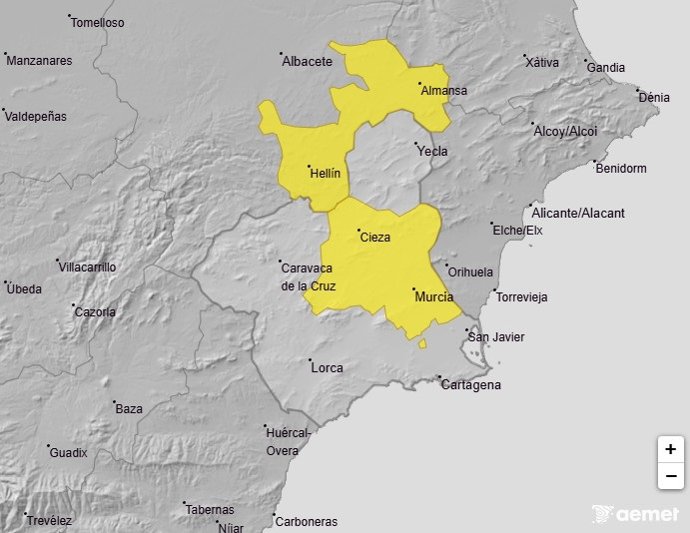 Mapa que muestra los avisos meteorológicos activos este miércoles en la Región