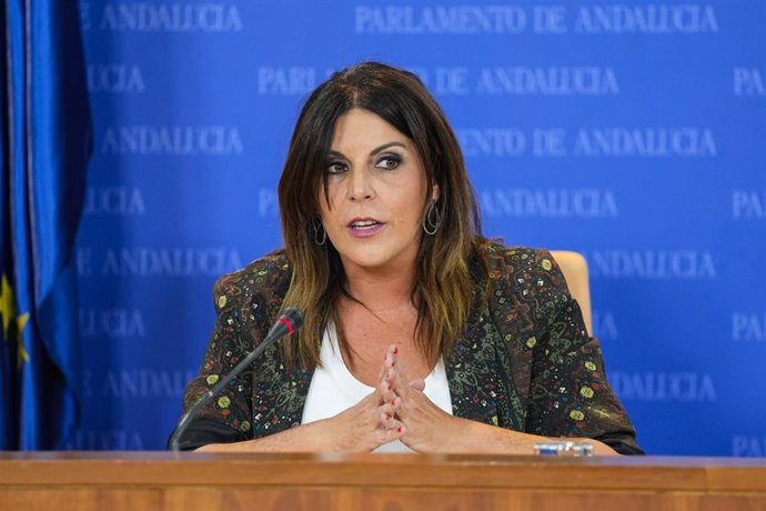 La portavoz adjunta del Grupo Parlamentario Socialista, Ángeles Férriz, durante la ronda de ruedas de prensa de portavoces de los grupos parlamentarios en el Parlamento de Andalucía, a 23 de julio de 2025 en Sevilla (Andalucía, España). Los portavoces de 