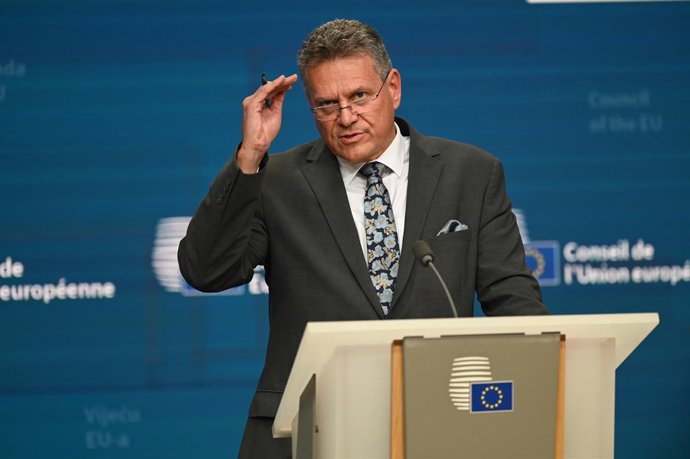 14 July 2025, Belgium, Brussels: EU Commissioner Maros Sefcovic speaks during the EU trade ministers' meeting in Brussels. In response to new tariff announcements by US President Donald Trump, Sefcovic announced that the EU is preparing additional counter