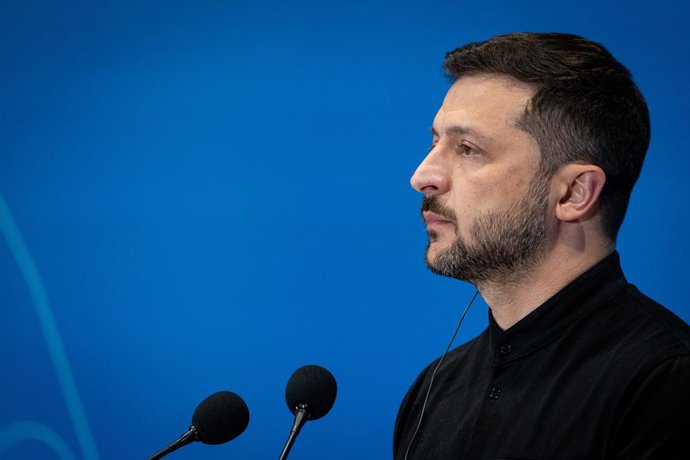 July 10, 2025, Rome, Italy: Ukrainian President Volodymyr Zelensky addresses a press conference at Ukraine Recovery Conference 2025 (URC2025) at the Roma Convention Centre 'La Nuvolaâ
