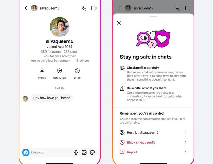 Nuevas funciones de seguridad en los mensajes directos para cuentas de adolescentes.