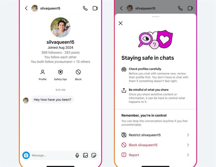 Nuevas funciones de seguridad en los mensajes directos para cuentas de adolescentes.
