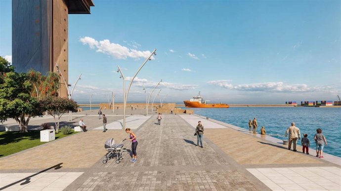 Recreación virtual del futuro espacio puerto-ciudad en el Muelle de Levante de Almería.