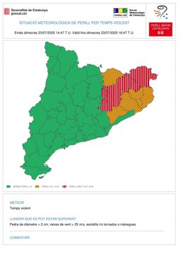 Aviso por tiempo violento en 11 comarcas del tercio noreste de Catalunya