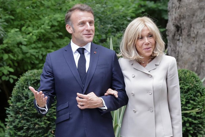 July 9, 2025, London, United Kingdom: President of the French Republic, Emmanuel Macron and his wife First Lady of France Brigitte Macron arrive in Downing Street on the second day of President's State Visit to the UK.