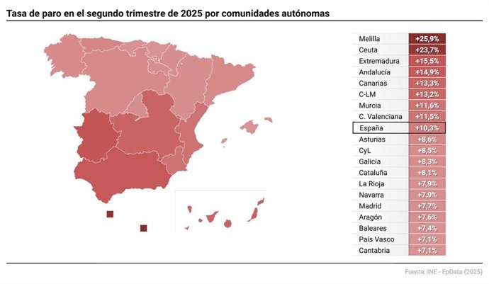 Mapa con la tasa de paro por comunidades autónomas, según ha informado este jueves el Instituto Nacional de Estadística (INE).