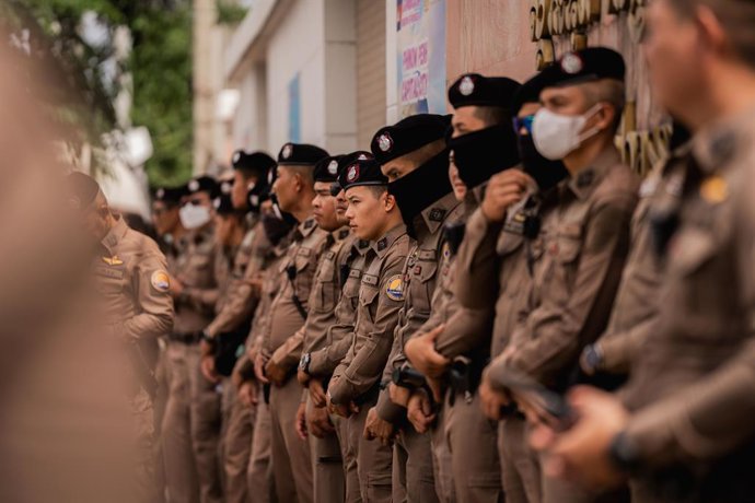 July 20, 2025, Bangkok, Thailand: Thai police stand guard outside the Royal Embassy of Cambodia in Bangkok during a demonstration over tensions at the Thai-Cambodian border. Protestors gathered in front of the Royal Embassy of Cambodia in Bangkok to denou