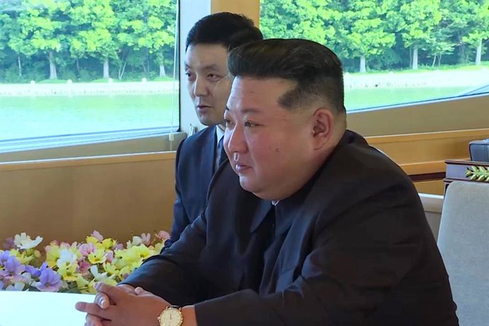 NORTH KOREA, WONSAN - JULY 12, 2025: Kim Jong Un, President of North Korea's State Affairs Commission, attends a meeting with Sergei Lavrov, Foreign Minister of Russia. Video screen grab. Best quality available