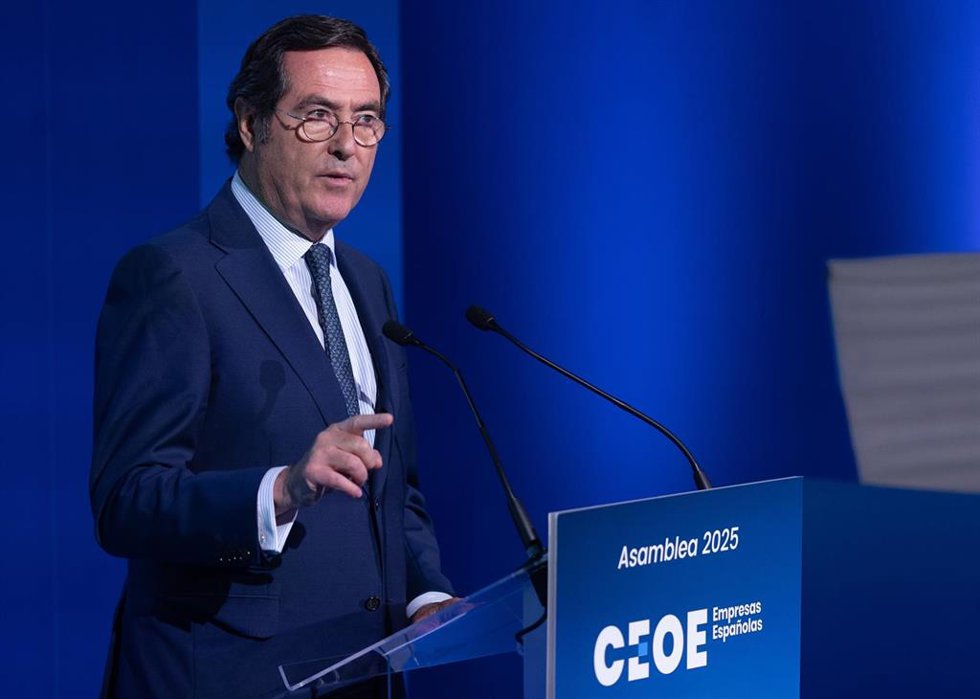 El presidente de CEOE, Antonio Garamendi,  durante la Asamblea General 2025 de la CEOE, a 16 de julio de 2025, en Madrid (España).