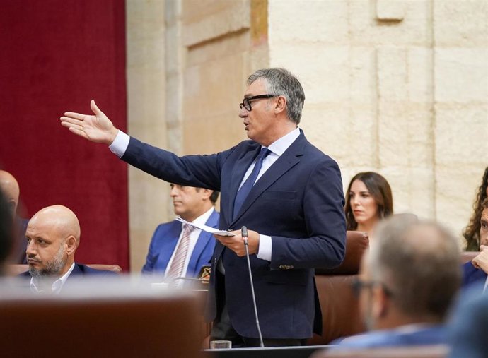 El portavoz del grupo parlamentario Vox en Andalucía, Manuel Gavira, interviene durante la sesión de control en el pleno del Parlamento andaluz. A 24 de julio de 2025, en Sevilla (Andalucía, España).  El presidente de la Junta, Juanma Moreno, responde a l
