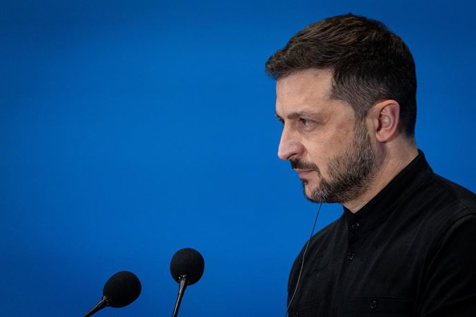 July 10, 2025, Rome, Italy: Ukrainian President Volodymyr Zelensky addresses a press conference at Ukraine Recovery Conference 2025 (URC2025) at the Roma Convention Centre 'La Nuvolaâ