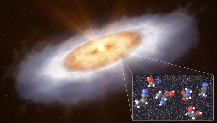 Esta impresión artística muestra el disco formador de planetas alrededor de la estrella V883 Orionis.