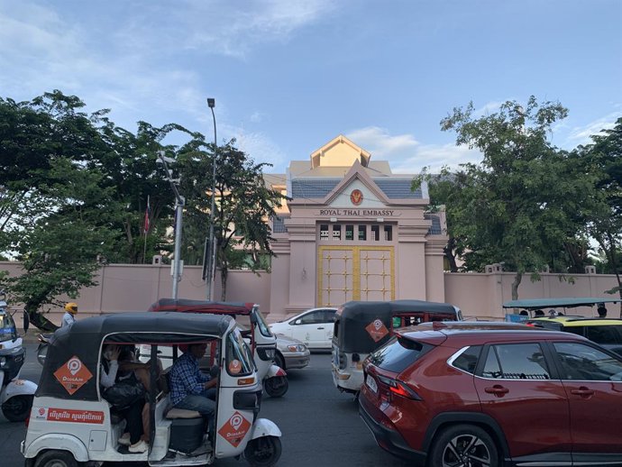 PHNOM PENH, July 24, 2025  -- This photo taken on July 24, 2025 shows vehicles passing the closed Thai Embassy in Phnom Penh, Cambodia. Thailand's acting Prime Minister Phumtham Wechayachai on Wednesday ordered to downgrade diplomatic relations with Cambo