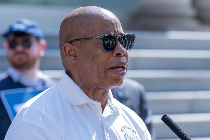 July 24, 2025, Bronx, New York, USA: Mayor Eric Adams speaks during rally to celebrate safety efforts for hotel employees as well for visitors. Rally was held on City Hall steps in New York on July 24, 2025. President of HTC Rich Maroko spoke at the rally