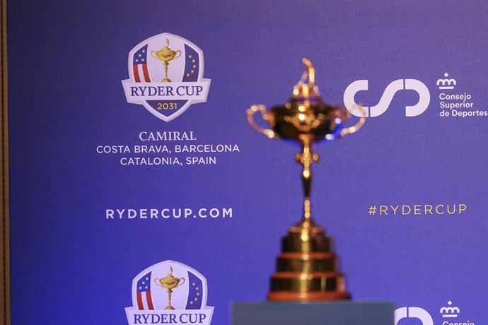 View trophy during the presentation Ryder Cup 2031 at Camiral Golf & Wellness on July 25, 2025 in Caldes de Malavella, Girona, Spain.