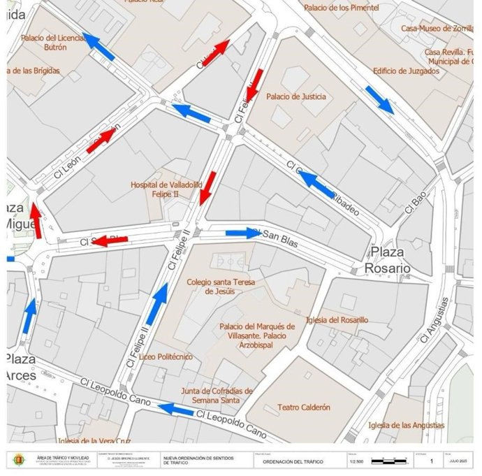 Plano de los cambios en el tráfico en Fray Luis de León, San Blas y la calle León, en Valladolid.