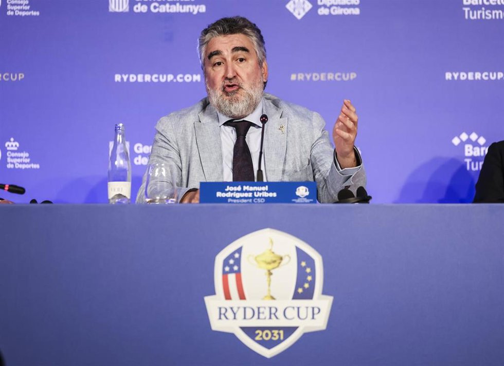 Jose Manuel Rodriguez Uribes, president CSD attends his press conference during the presentation Ryder Cup 2031 at Camiral Golf & Wellness on July 25, 2025 in Caldes de Malavella, Girona, Spain.