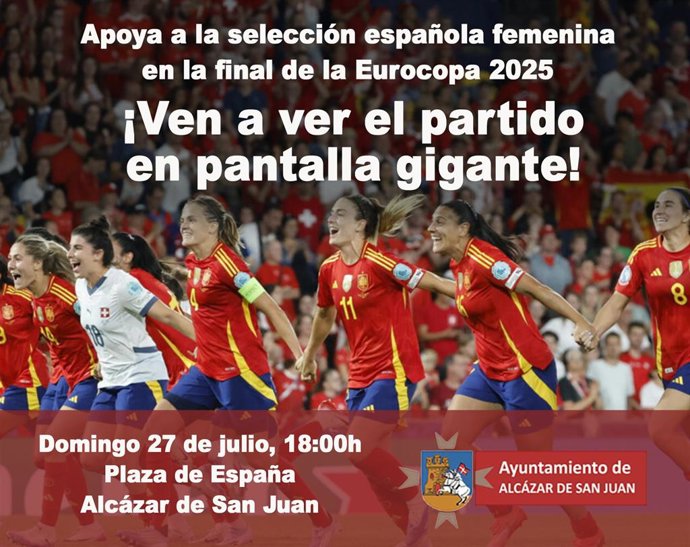 Cartel de la retransmisión en Alcázar de San Juan del partido de cuartos de final de la Eurocopa 2025 entre Suiza y España.