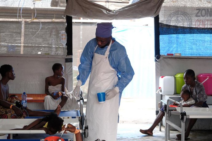 KINSHASA, July 11, 2025  -- A medical worker takes care of patients at a cholera treatment center in Kinshasa, capital of the Democratic Republic of the Congo, July 10, 2025. The cholera outbreak in the Democratic Republic of the Congo (DRC) has reached a