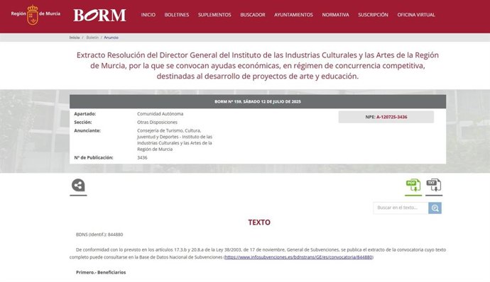 Publicación de las ayudas del Instituto de las Industrias Culturales y de las Artes de la Región de Murcia