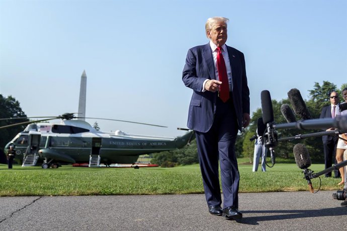 July 25, 2025, Washington, District Of Columbia, USA: United States President Donald J Trump speaks to the media prior to leaving the White House in Washington, DC, USA, 25 July 2025. President Trump is due to visit Scotland for a 4 day visit where he is 